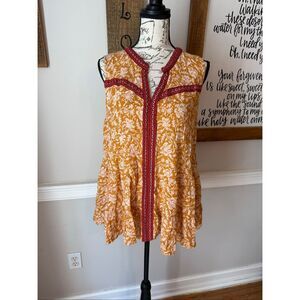 Democracy Women's Floral Sleeveless Ruffle Peplum Tunic Tank Mustard 1X